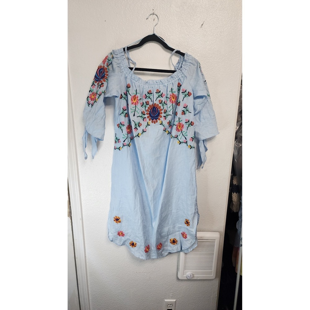Chelsea & Theodore Embroidered Linen Dress Womens XL Light Blue NWT
